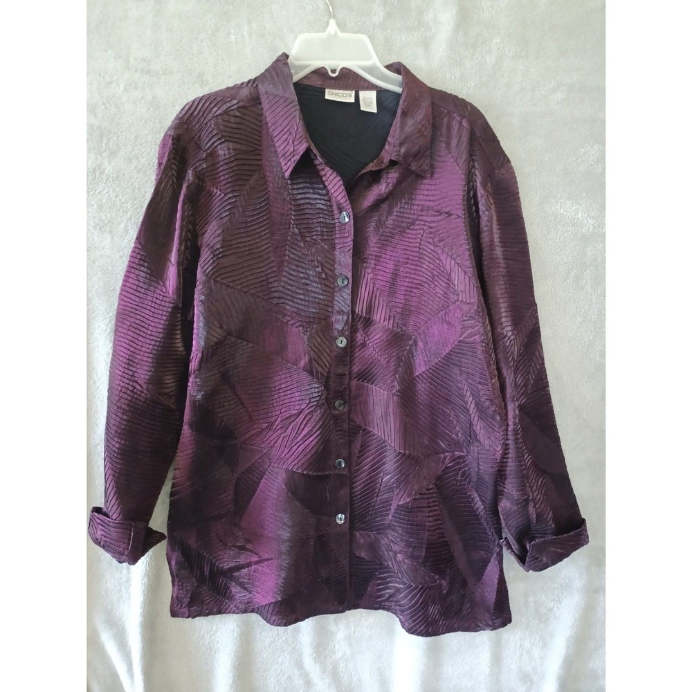 Chicos Sz 2 LG Shirt Texture Artsy Purple Sheen Button Up Cuffed Lagenlook Tunic